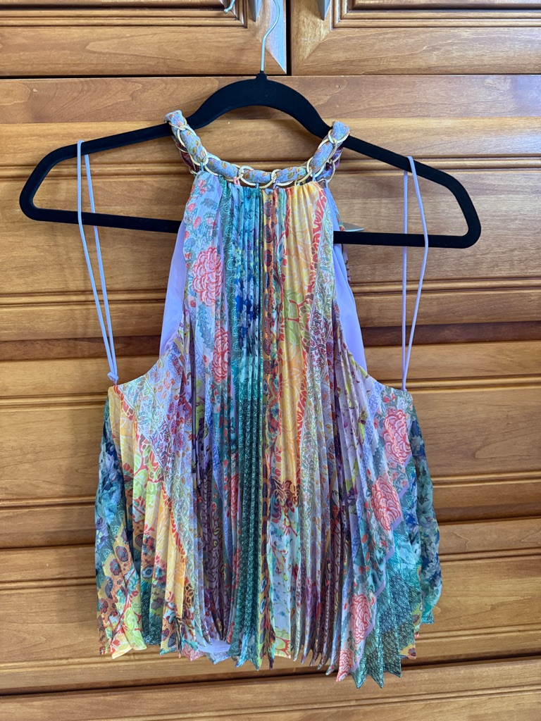 Alice + Olivia Multicolor Pleated Halter Top With Chain Trim